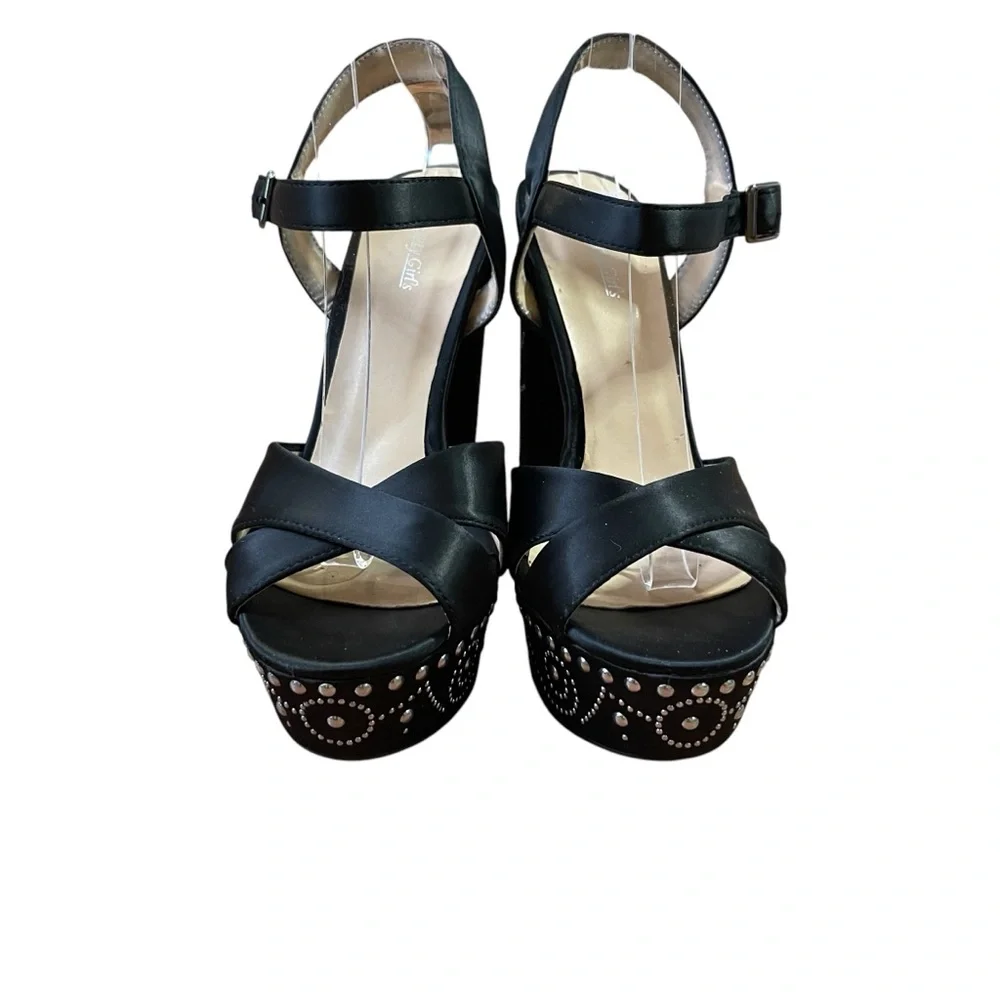 Chic Black Satin Platform Heel Sandals with Silver Studded‎ Accents Ankle strap
